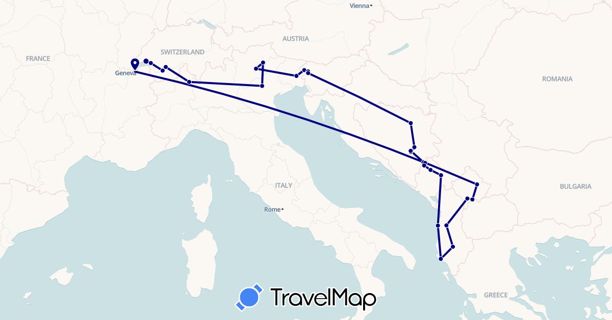 TravelMap itinerary: driving in Albania, Bosnia and Herzegovina, Switzerland, Italy, Montenegro, Slovenia, Kosovo (Europe)